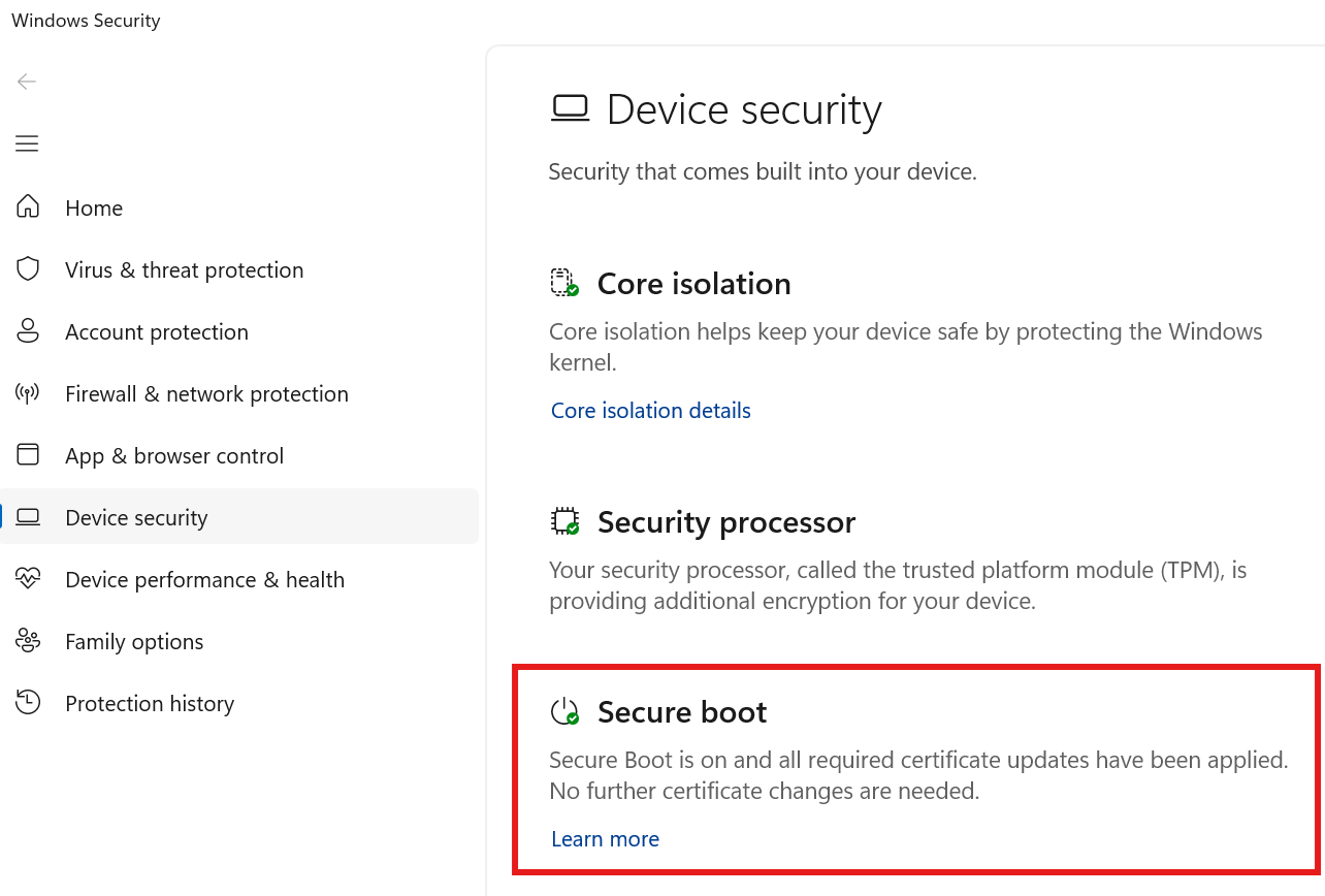 Screenshot of device security