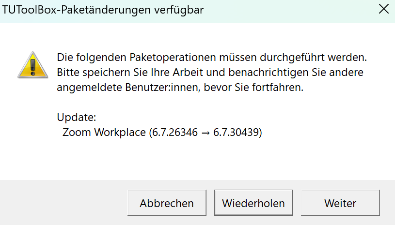 Screenshot of the update information